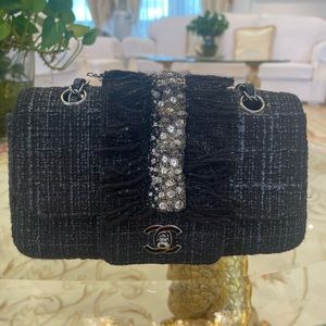 Chanel Limited Edition Black Tweed Swarovski Crystals Classic Flap Bag